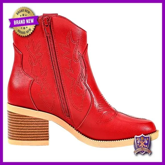 Embroidered Western Cowboy Boots Retro Classic Chunky Heel Ankle Booties